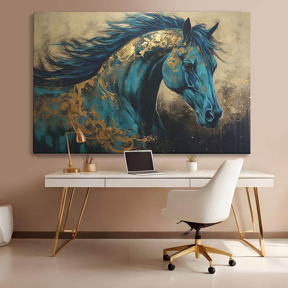 Tablou canvas cu tablou canvas cu cal albastru si auriu, fara rama, pe sasiu de lemn, pe perete intr-un birou